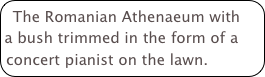 The Romanian Athenaeum with a bush trimmed in the form of a concert pianist on the lawn.